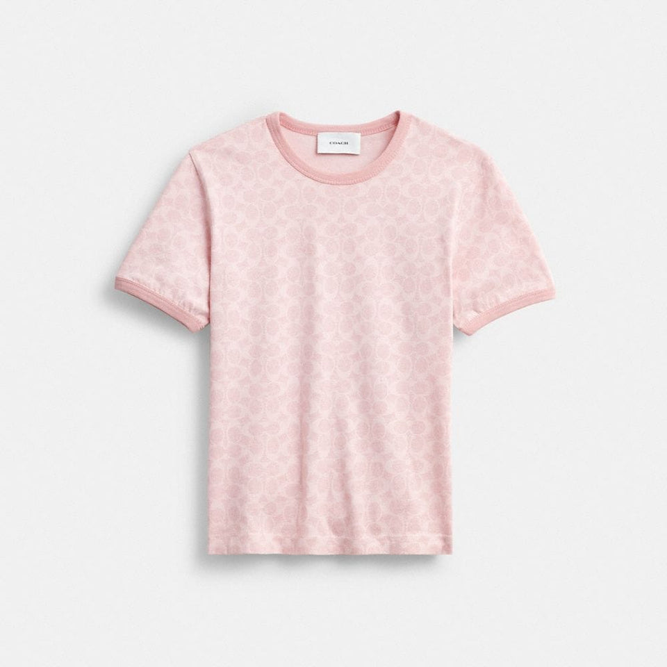Coach Signature Ringer T-Shirt In Organic Cotton Pink Signature