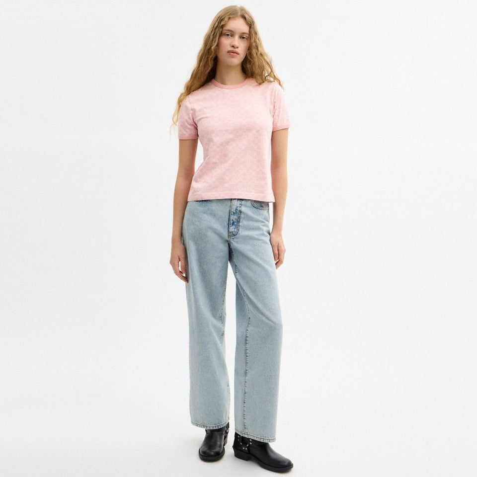 Coach Signature Ringer T-Shirt In Organic Cotton Pink Signature