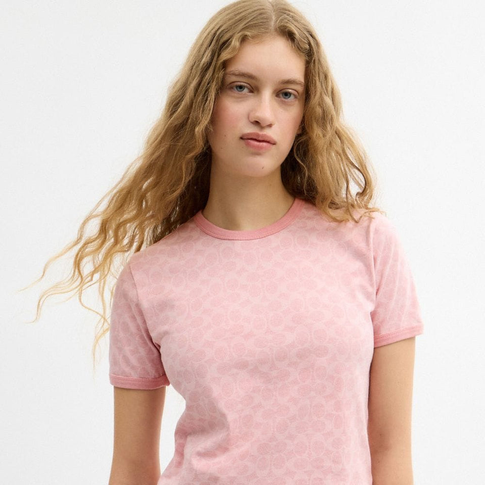 Coach Signature Ringer T-Shirt In Organic Cotton Pink Signature