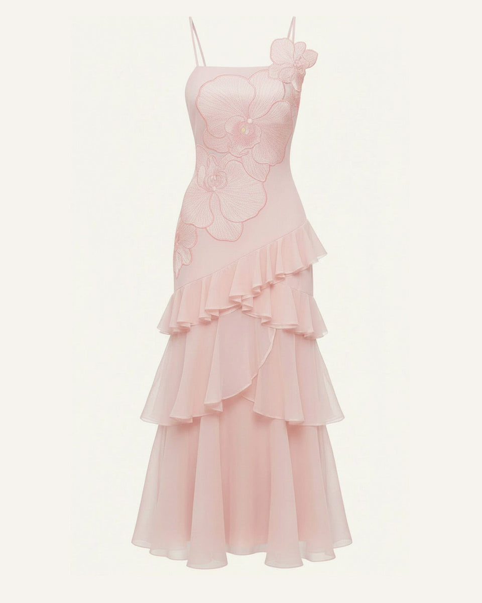 Orchid Embroidered Ruffled One-Shoulder Maxi Dress - Blush Pink