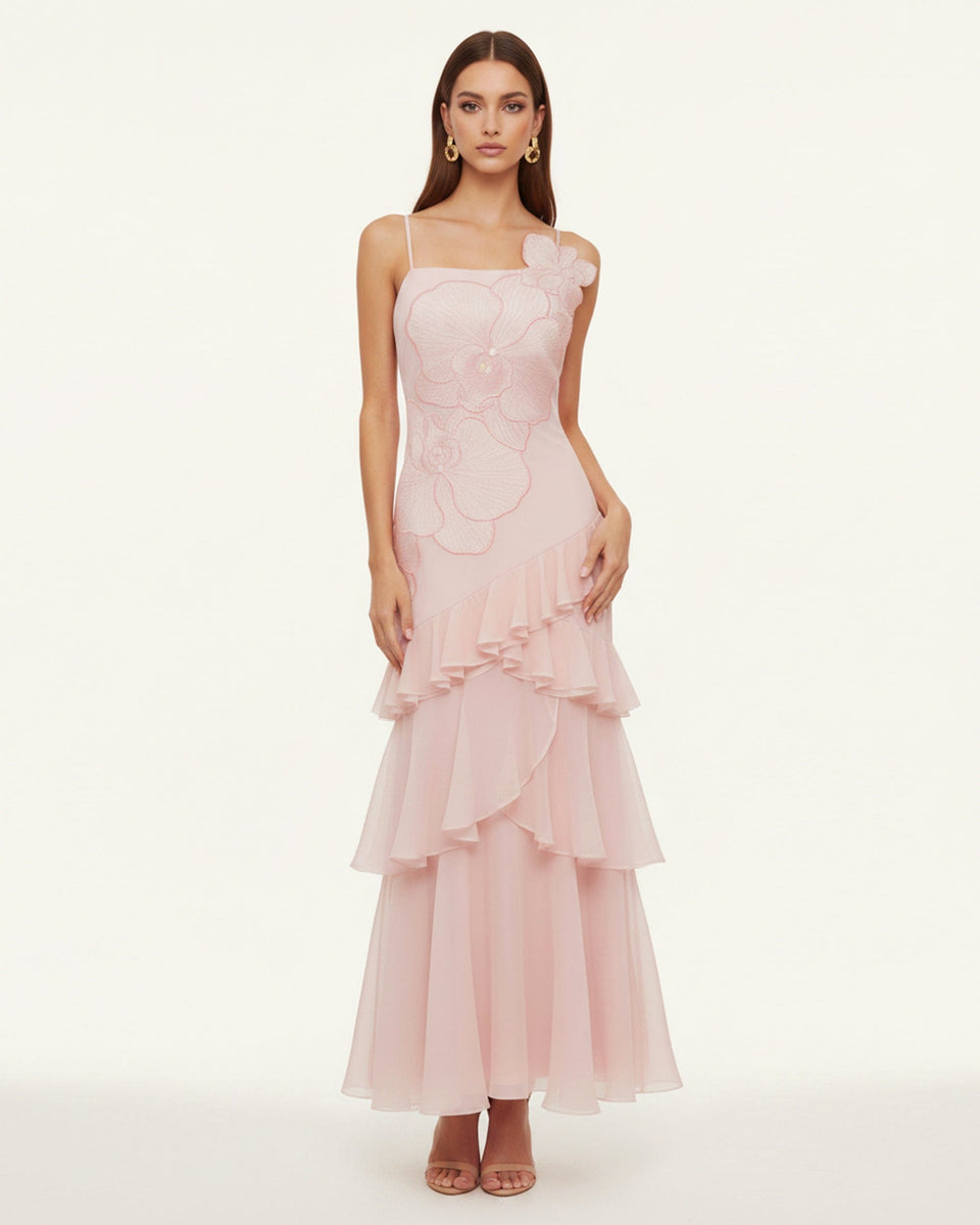 Orchid Embroidered Ruffled One-Shoulder Maxi Dress - Blush Pink