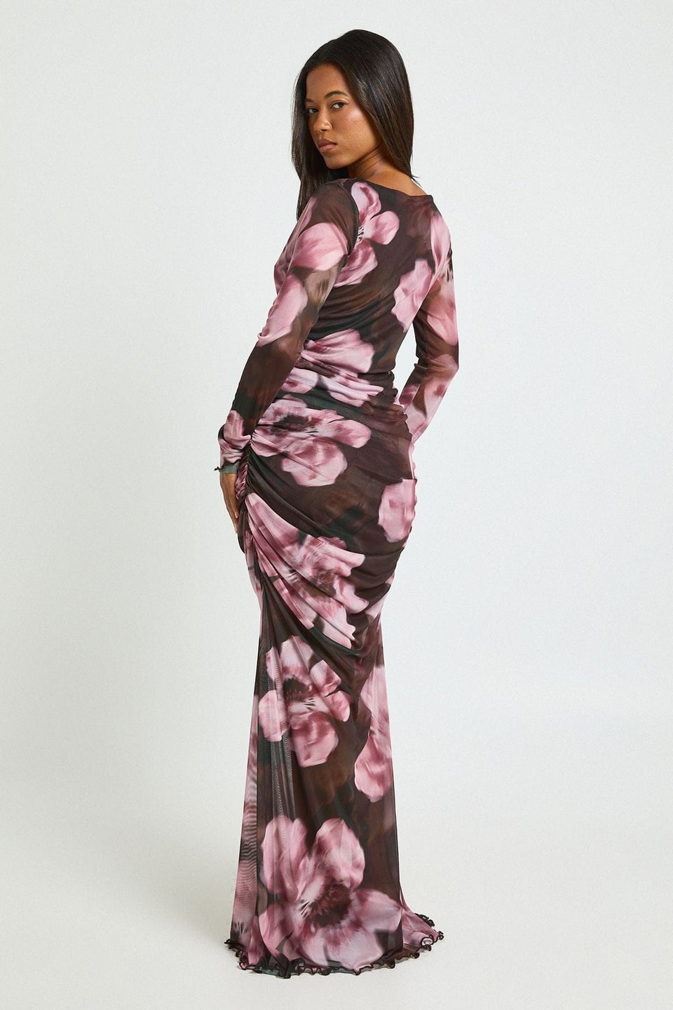 Floral Ruched Mesh Maxi Dress