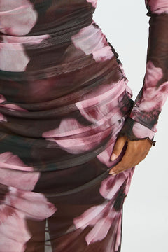 Floral Ruched Mesh Maxi Dress