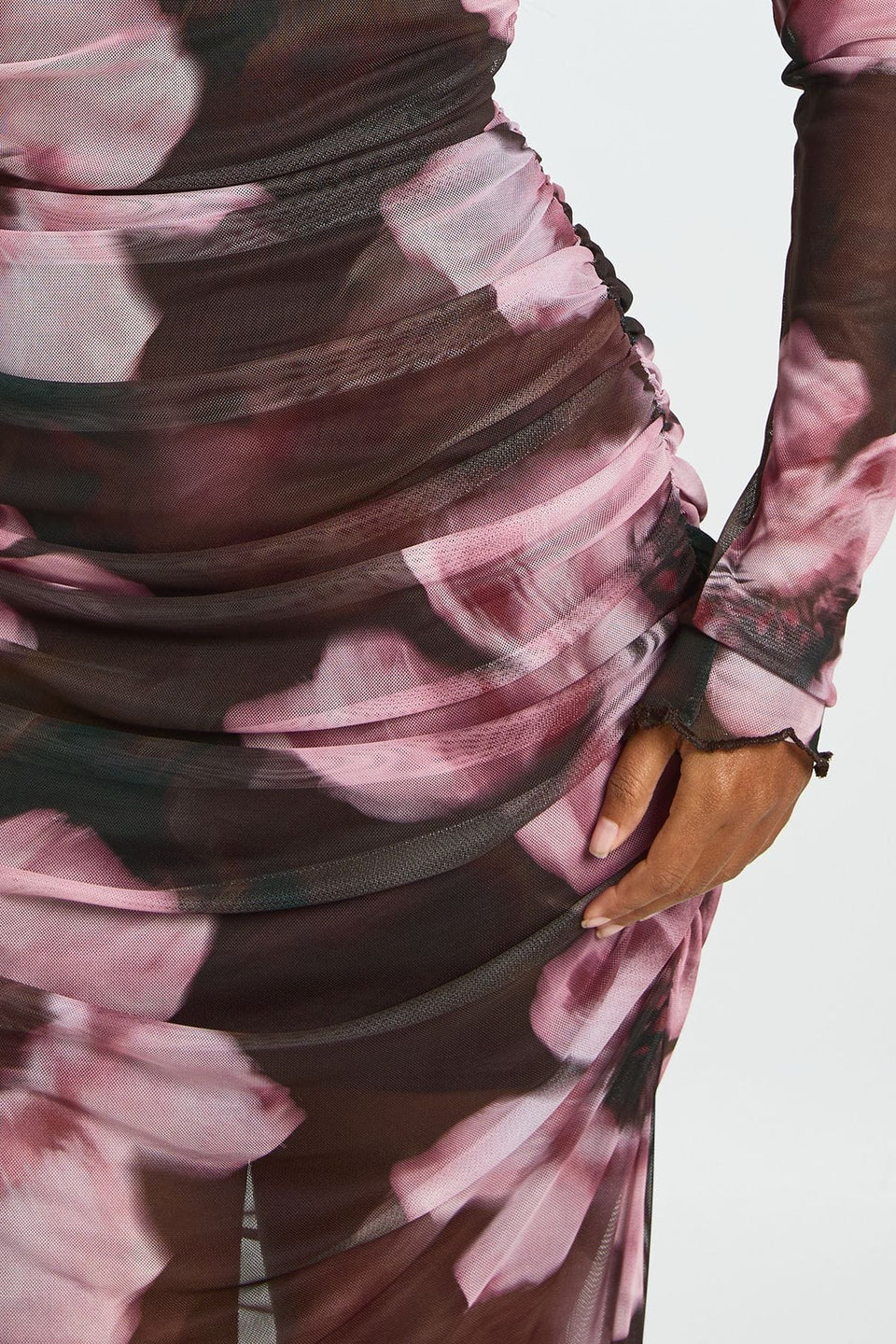 Floral Ruched Mesh Maxi Dress