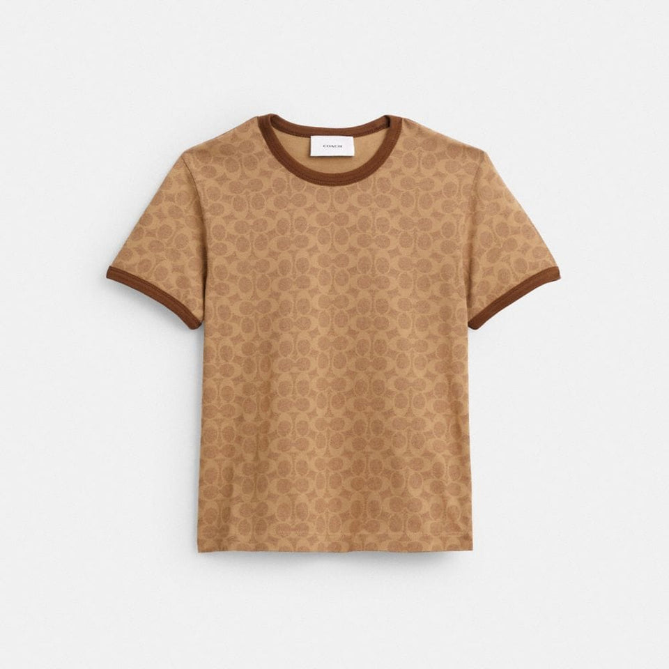 Coach Signature Ringer T-Shirt In Organic Cotton Tan Signature