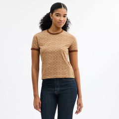 Coach Signature Ringer T-Shirt In Organic Cotton Tan Signature