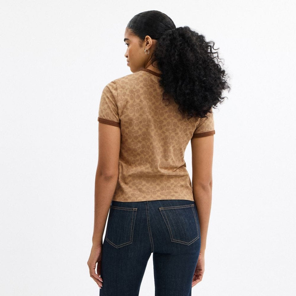 Coach Signature Ringer T-Shirt In Organic Cotton Tan Signature
