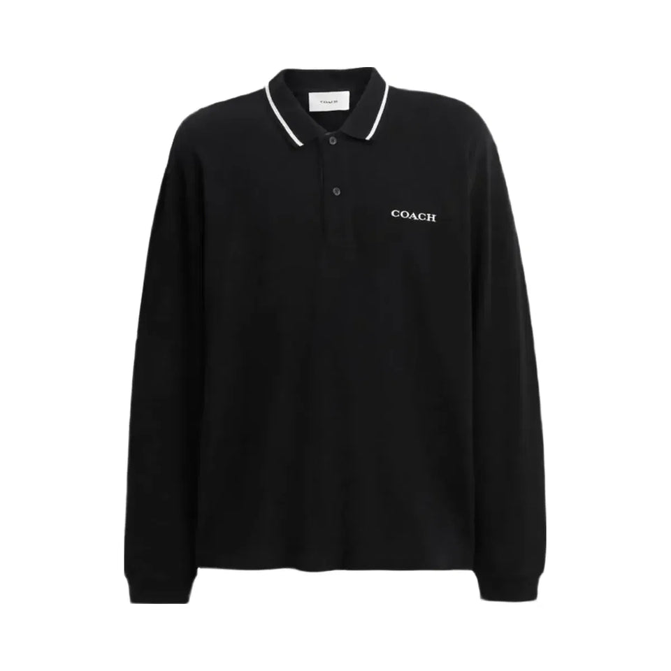 Coach Signature Trim Long Sleeve Polo In Regenerative Cotton Black