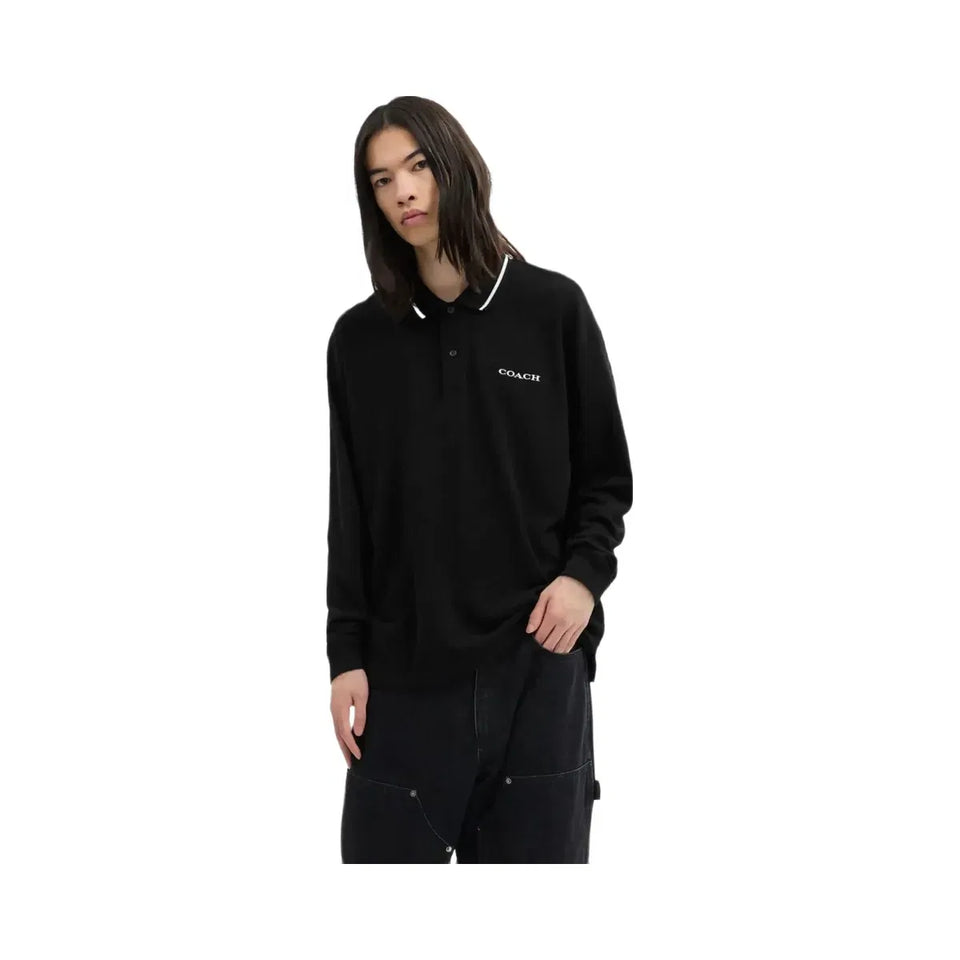 Coach Signature Trim Long Sleeve Polo In Regenerative Cotton Black