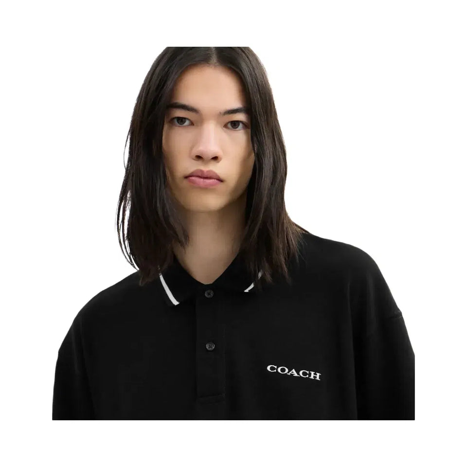 Coach Signature Trim Long Sleeve Polo In Regenerative Cotton Black