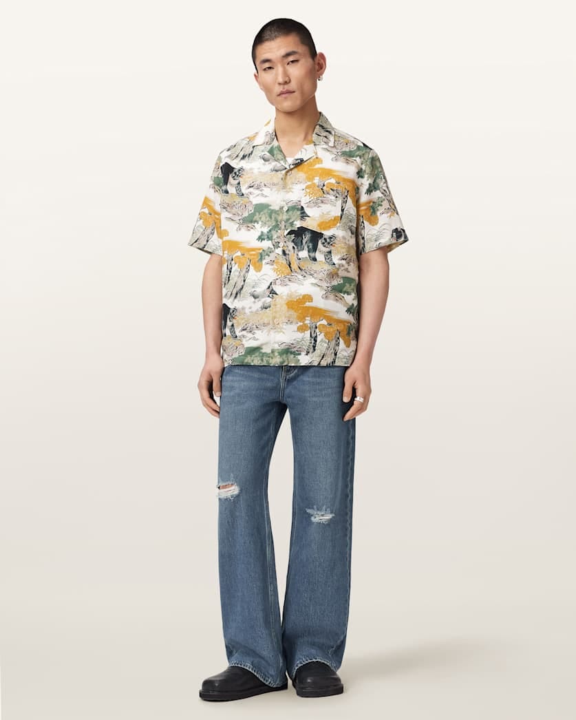 AllSaints Wader Short Sleeve Linen Blend Shirt Off White