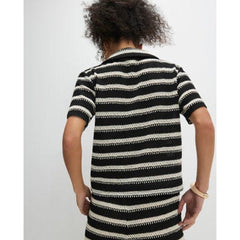 Black Short Sleeve Striped Crochet Shirt