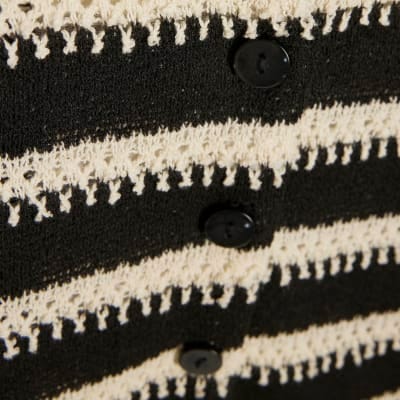 Black Short Sleeve Striped Crochet Shirt