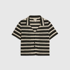Black Short Sleeve Striped Crochet Shirt