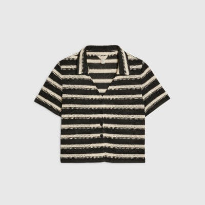 Black Short Sleeve Striped Crochet Shirt