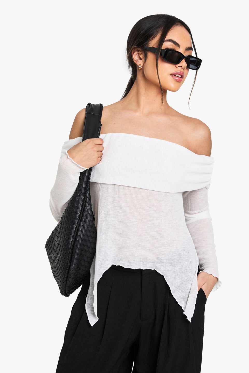 Sheer Mesh Bardot Top with Drape Detail