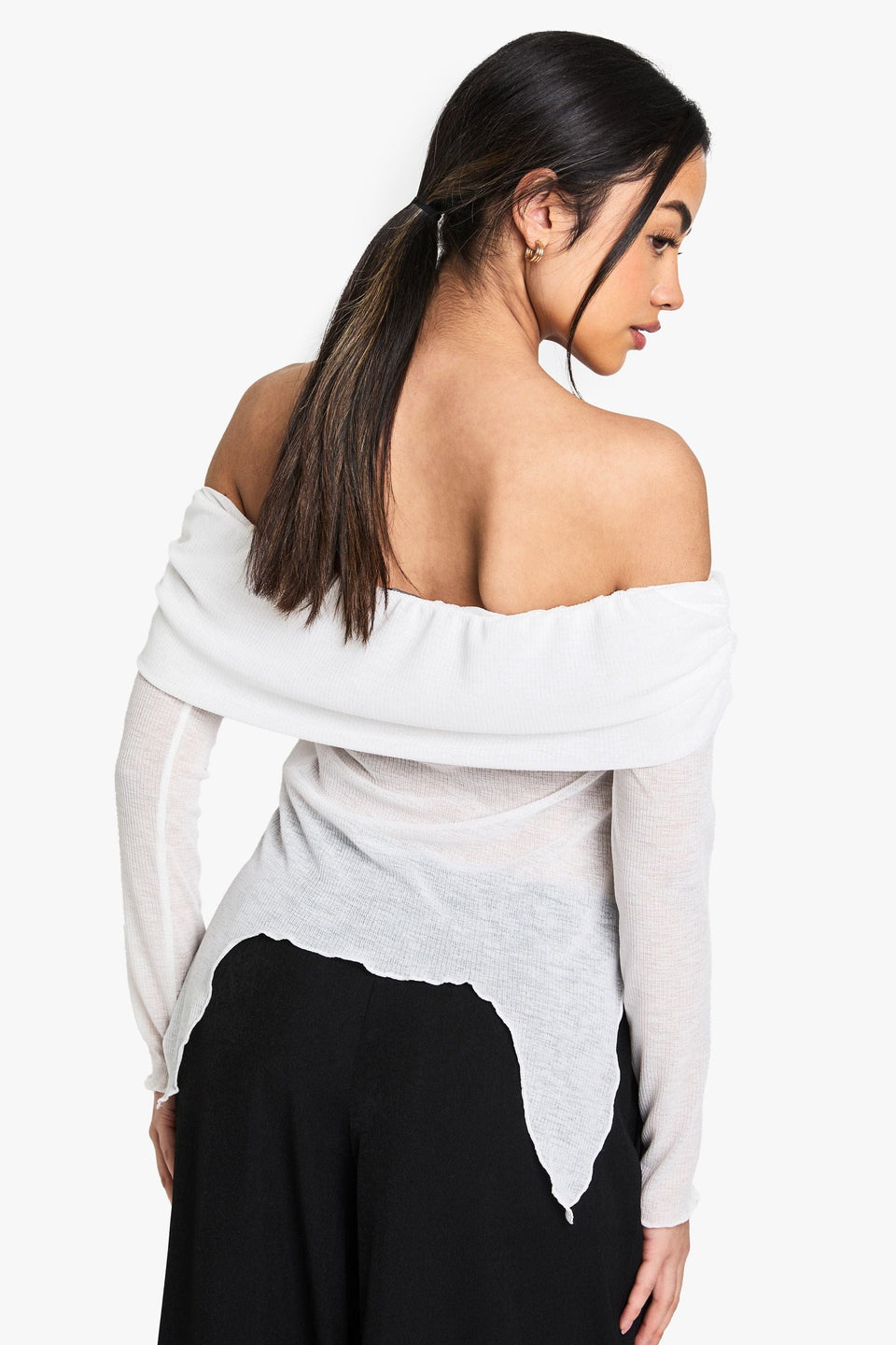 Sheer Mesh Bardot Top with Drape Detail
