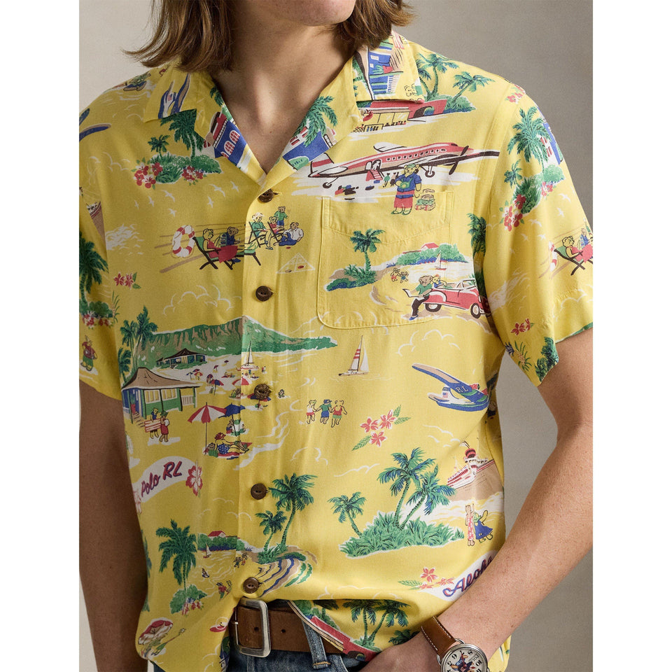 Rayon Bear Short-Sleeve Patterned Shirt