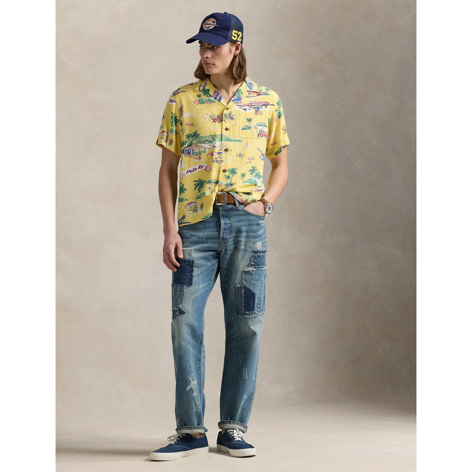 Rayon Bear Short-Sleeve Patterned Shirt
