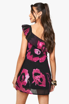 Floral Chiffon Ruffle One Shoulder Mini Dress