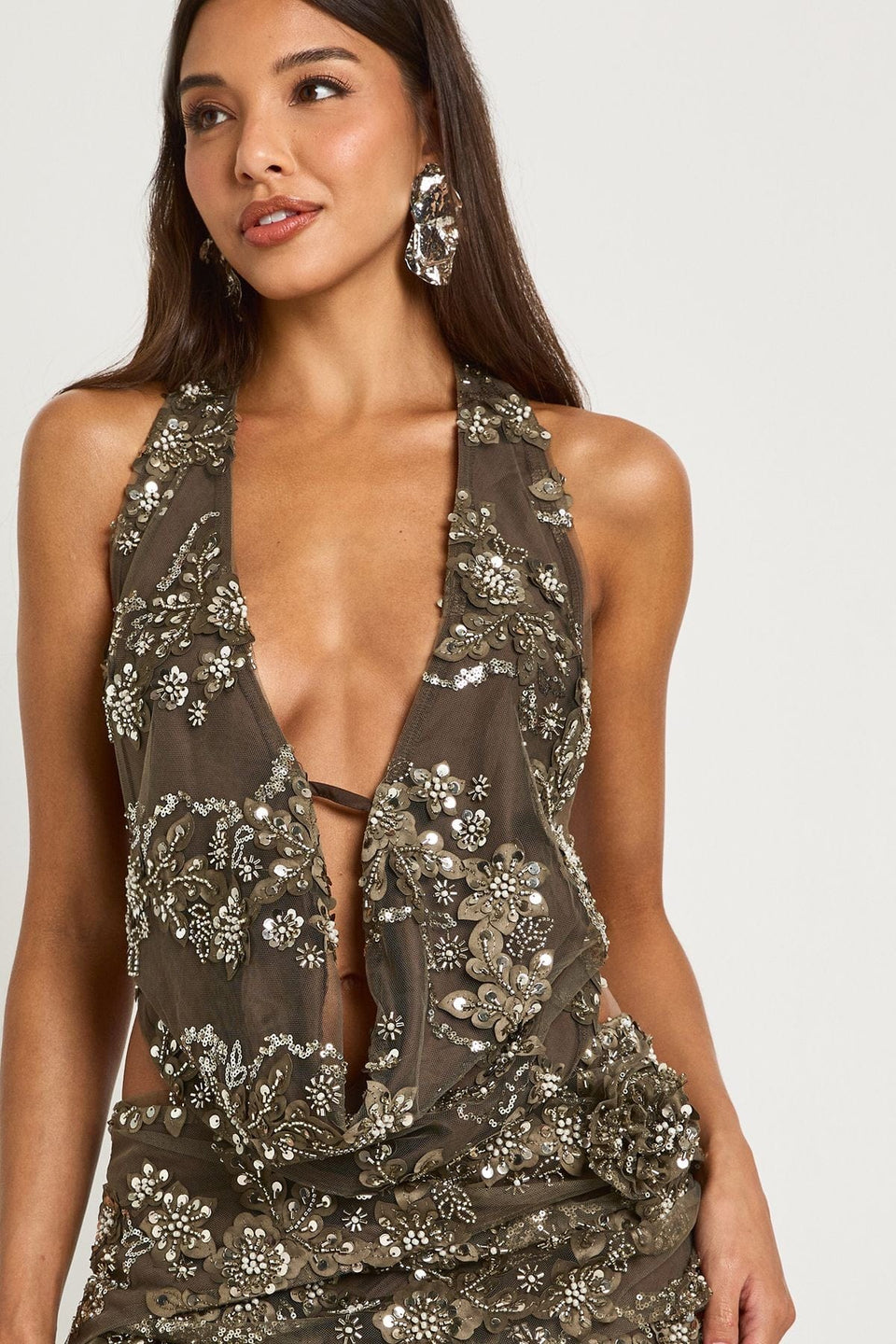 Floral Beaded Cowl Neck Top