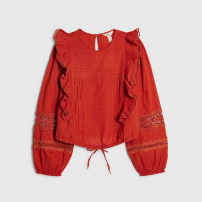 Orange Long Sleeve Ruffle Blouse