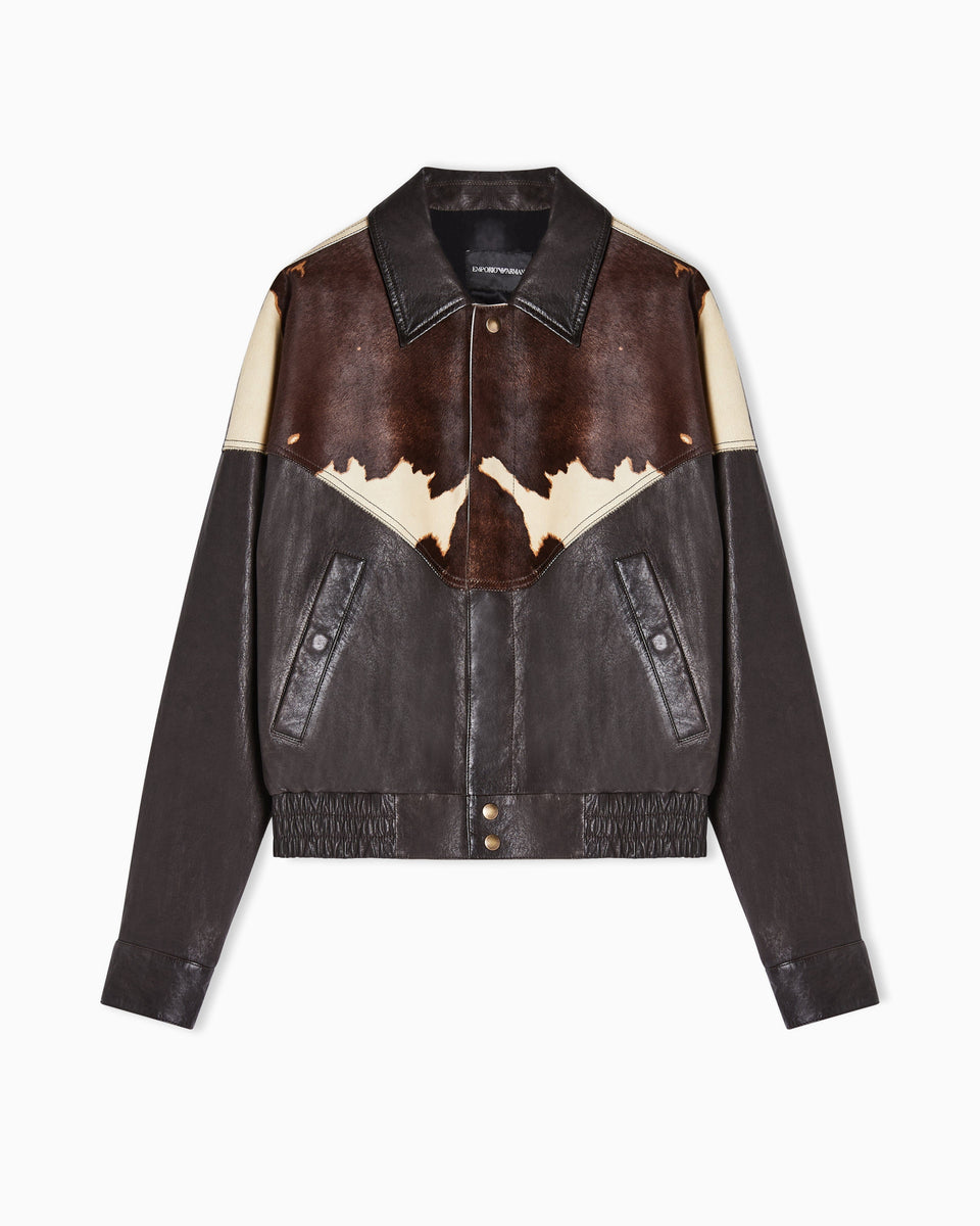 Emporio Armani Blouson jacket in washed, vegetable-tanned nappa leather with a pony skin-effect insert