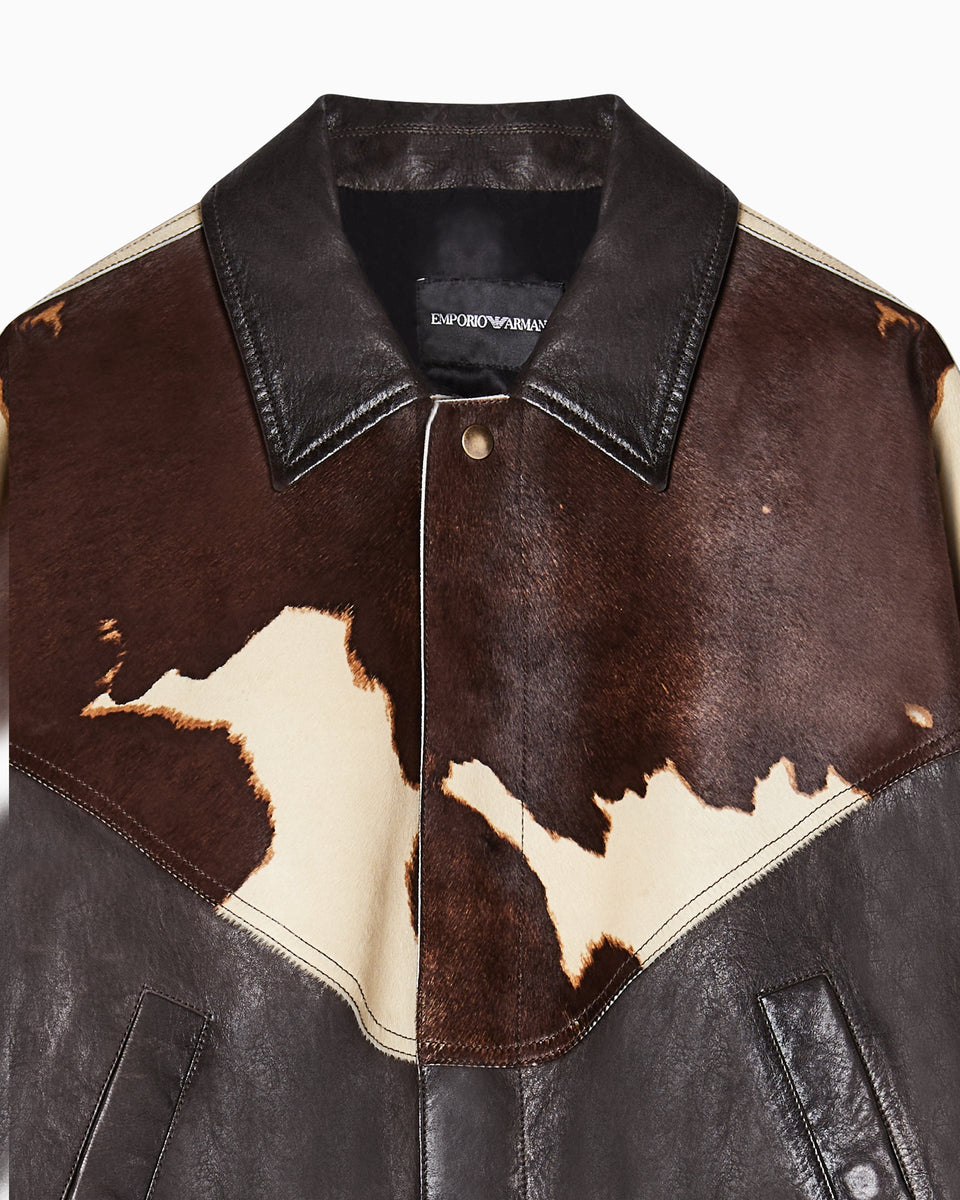 Emporio Armani Blouson jacket in washed, vegetable-tanned nappa leather with a pony skin-effect insert