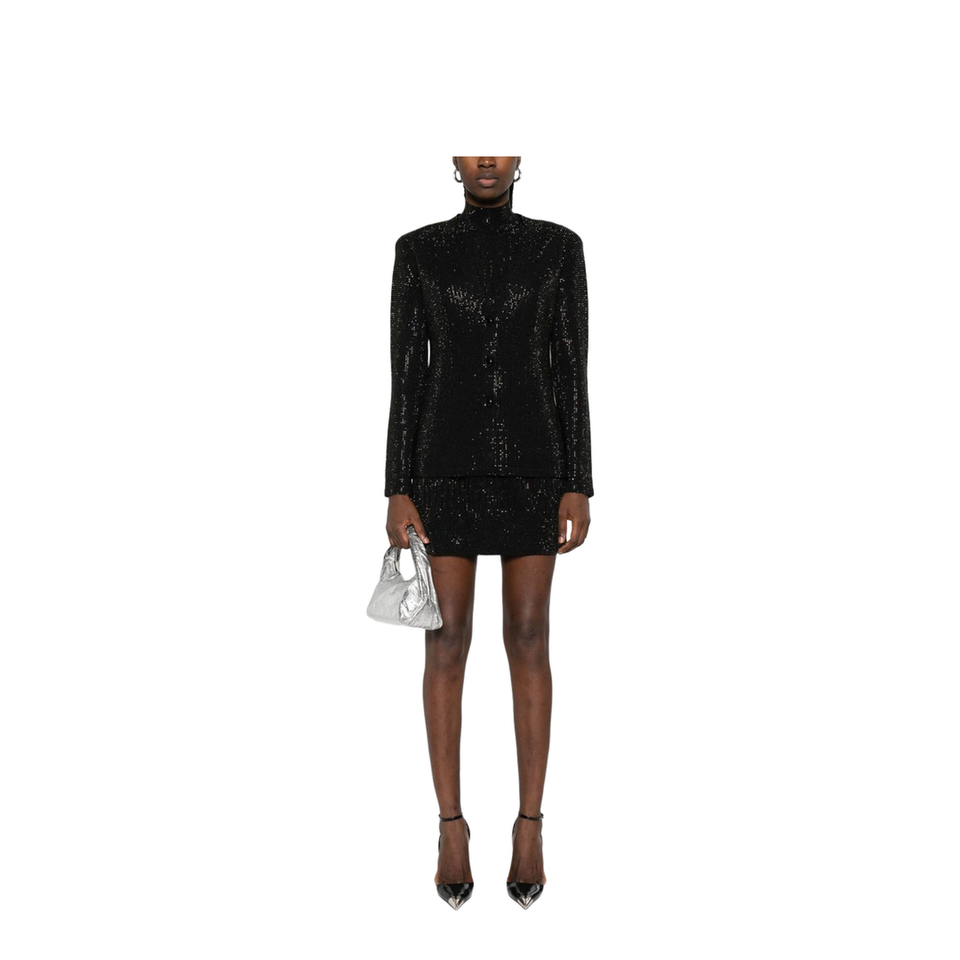 Virgin Wool-Blend Plain-Knit Cardigan with All-Over Rhinestones