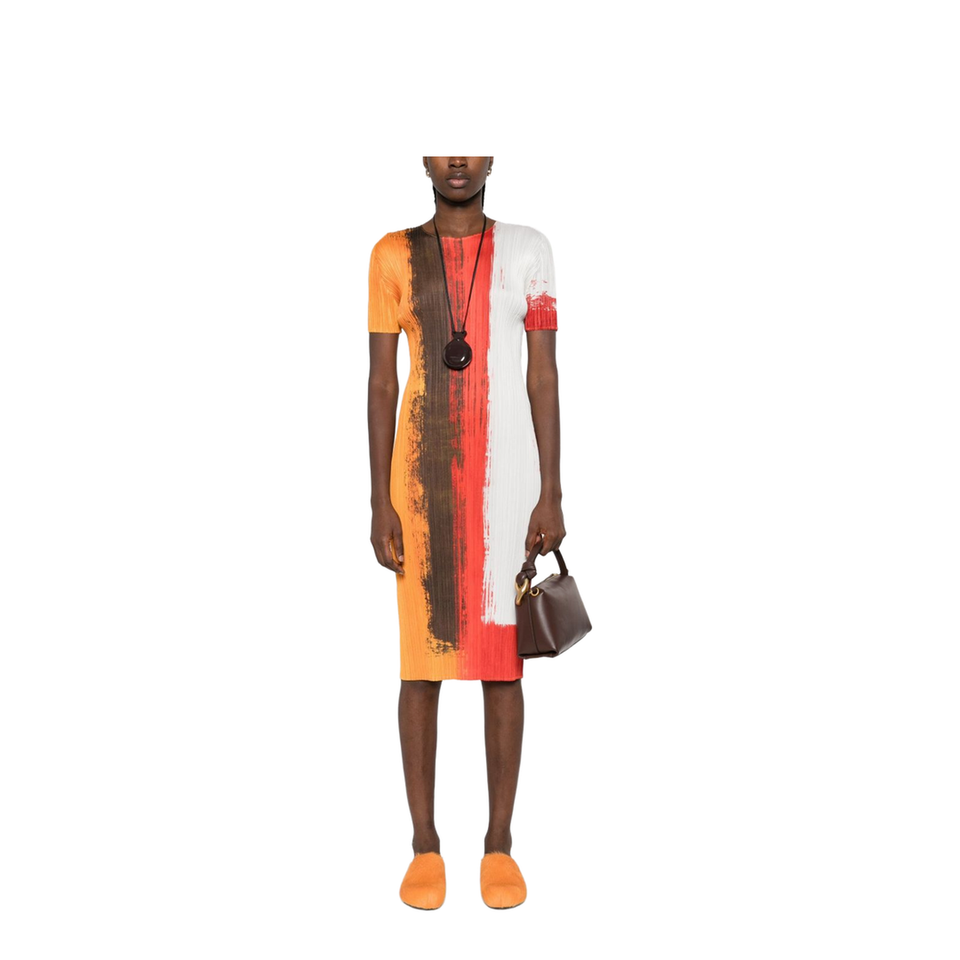 Pleated Paint-effect Midi Dress In Multi