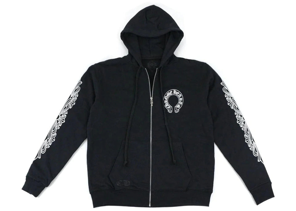 Chrome Hearts Horseshoe Floral Cross-Sleeve Zip Up Hoodie Black/White