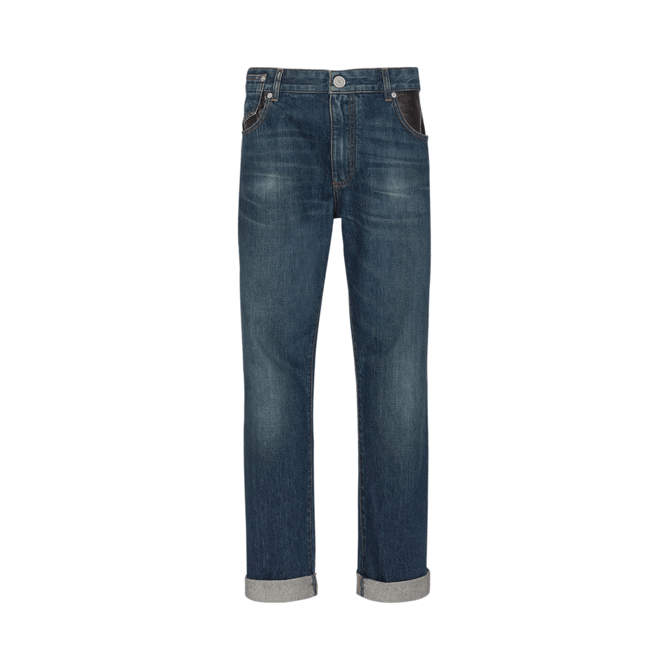 Balmain Leather Pocket Regular Denim Pants Blue