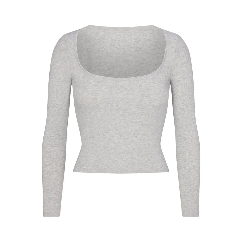 Skims Cotton Jersey Scoop Neck Long Sleeve Light Heather Grey