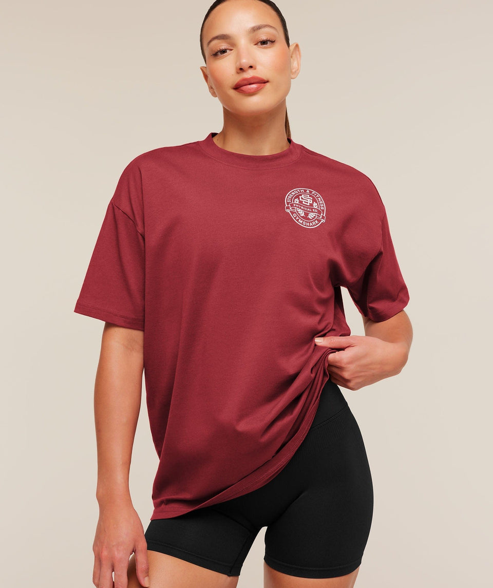 Women's Gymshark Strength And Fitness Crest Graphic T-Shirt Athletic Burgundy
