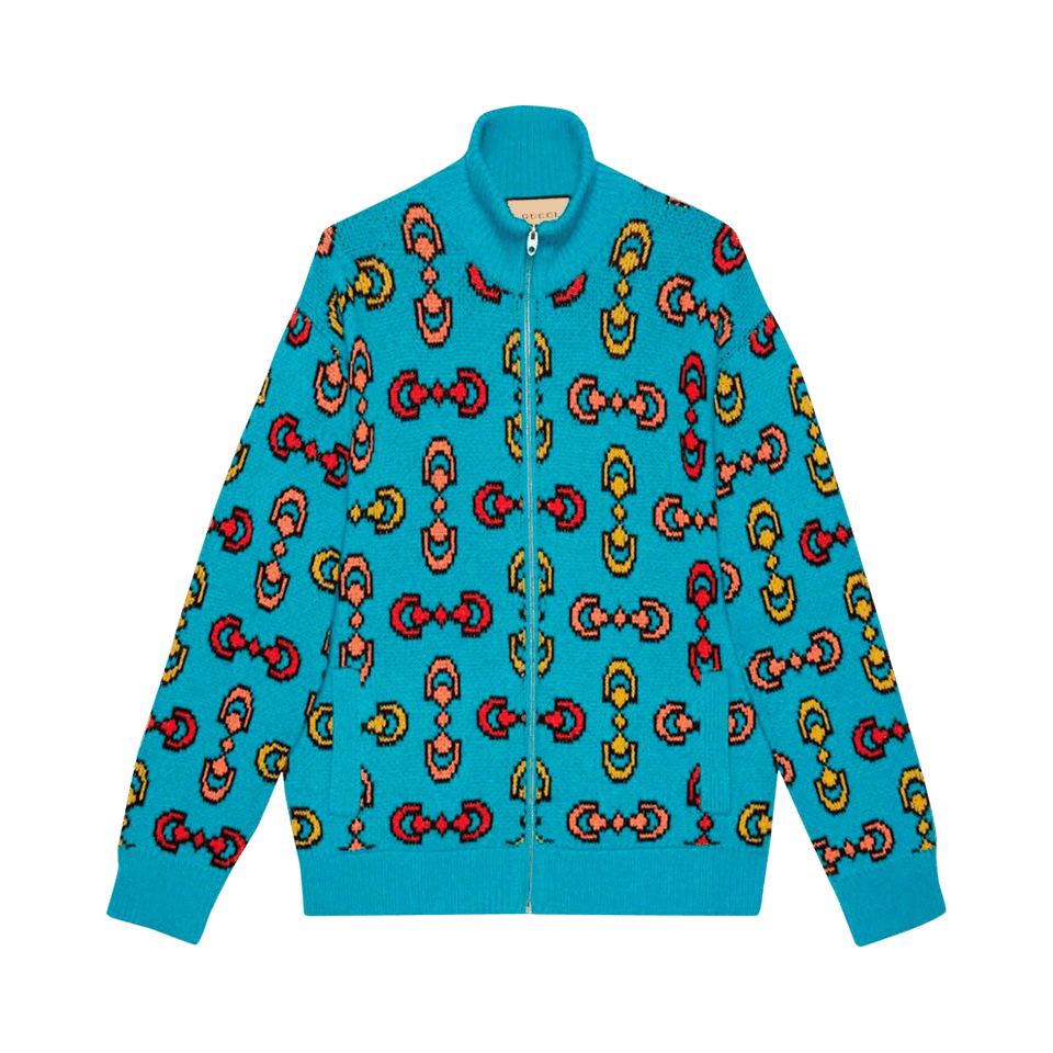 Gucci Horsebit Jacquard Wool Knit Bomber Blue/Yellow