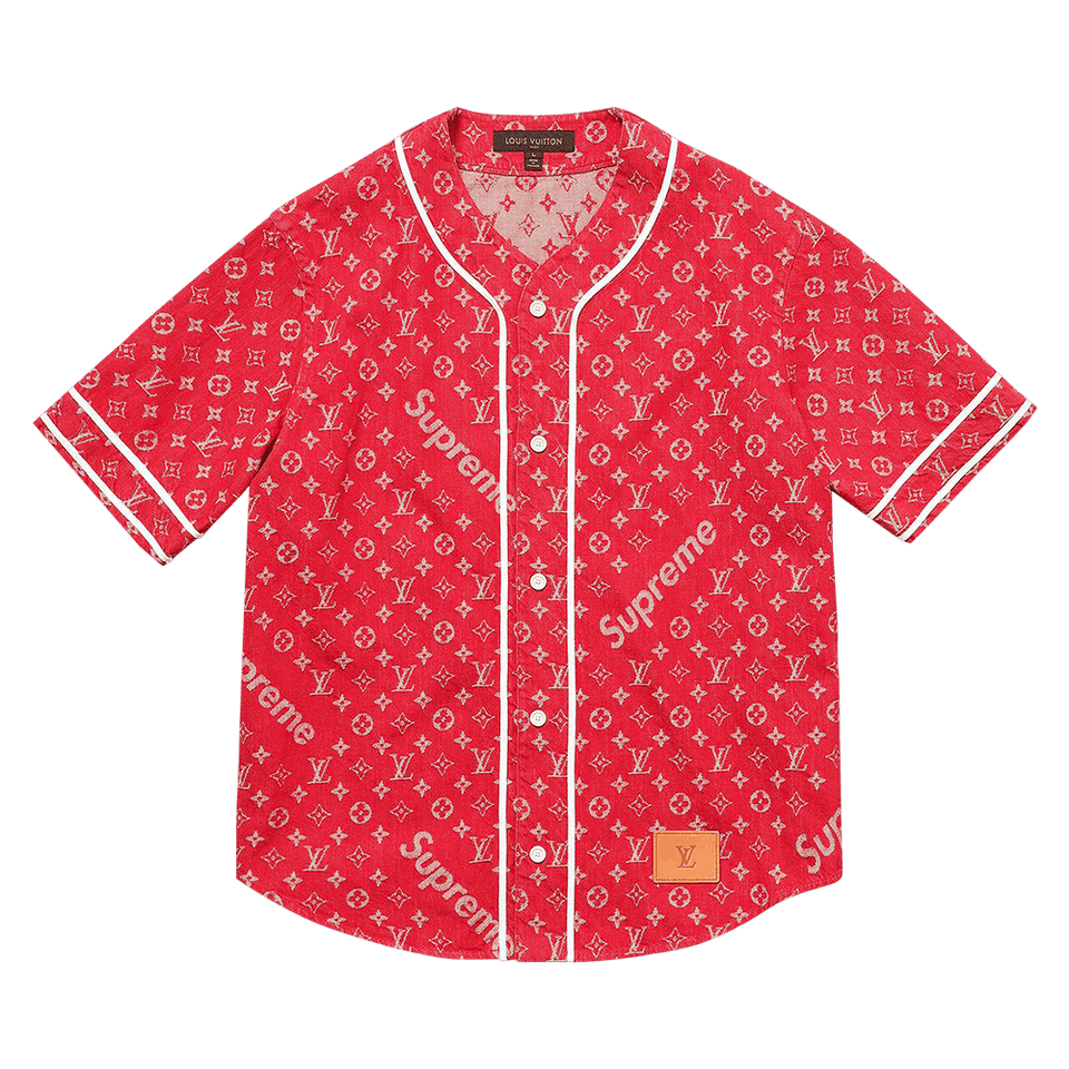 Louis Vuitton x Supreme Jacquard Denim Baseball Jersey Red
