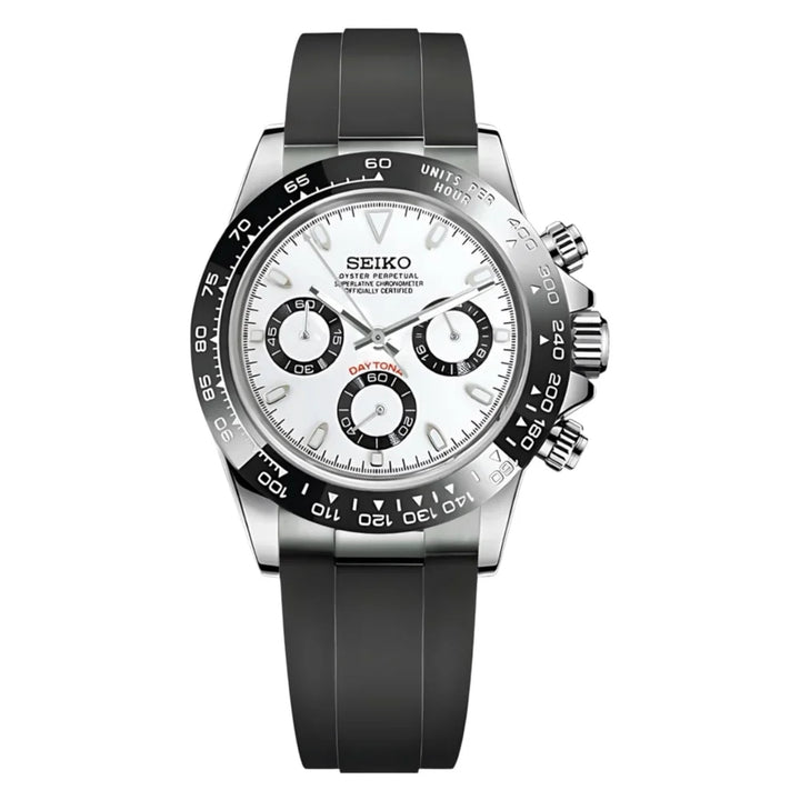 Seiko MOD Daytona Lunette céramique cadran Blanc "PANDA" Oyster Flex
