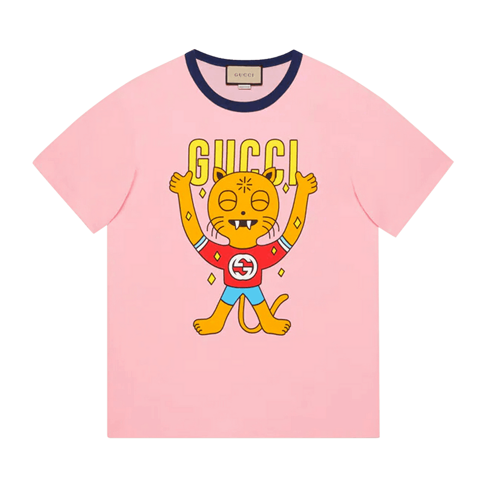 Gucci Cat Print Cotton T-Shirt Pink