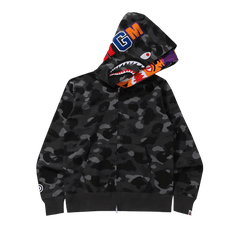 BAPE Color Camo Tiger Shark Wide Full Zip Double Hoodie Black