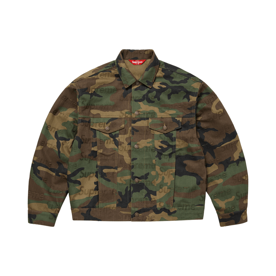 Supreme Jacquard Logos Denim Trucker Jacket Woodland Camo
