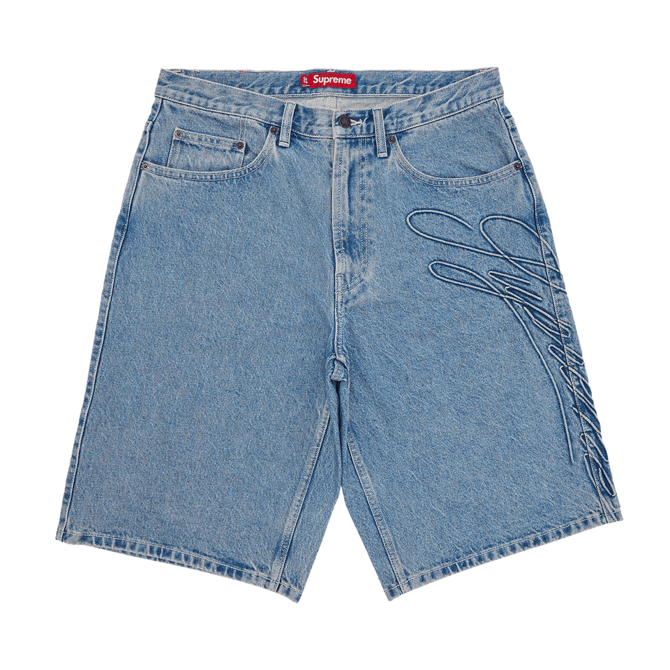 Supreme Script Baggy Denim Shorts Washed Indigo