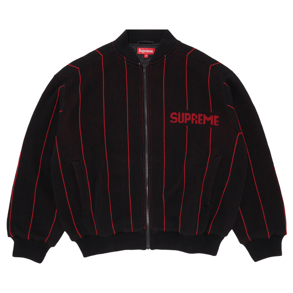 Supreme Pinstripe Varsity Zip Up Sweater Black