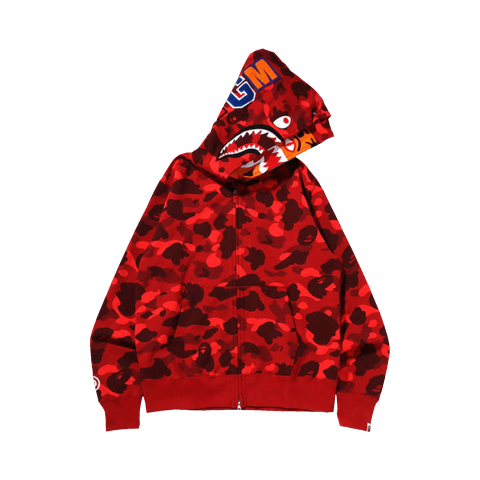 BAPE Color Camo Tiger Shark Wide Full Zip Double Hoodie Red