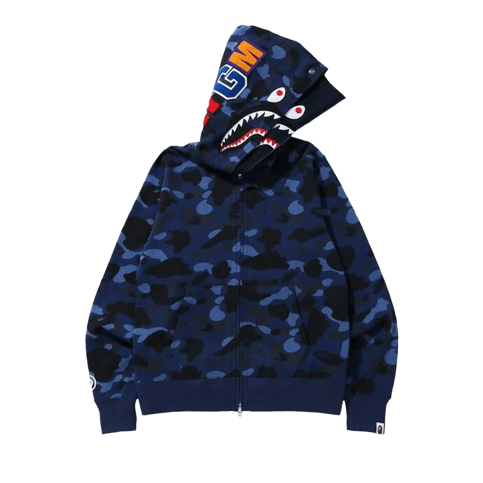 BAPE Color Camo Shark Wide Full Zip Double Hoodie Navy