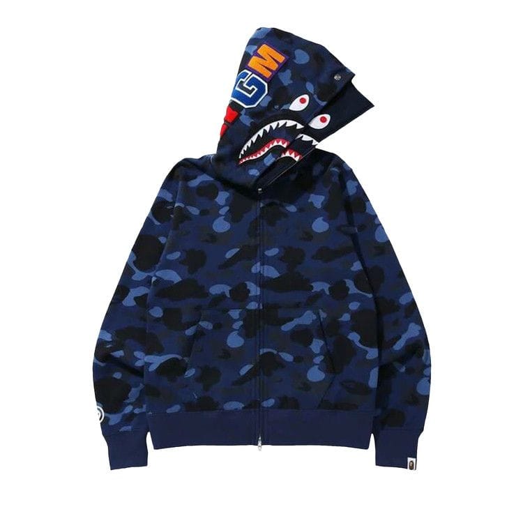 BAPE Color Camo Shark Wide Full Zip Double Hoodie Navy