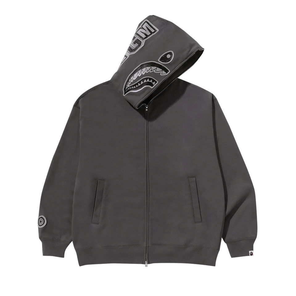 BAPE Hand Drawn Face Relaxed Fit Shark Full Zip Hoodie Grey