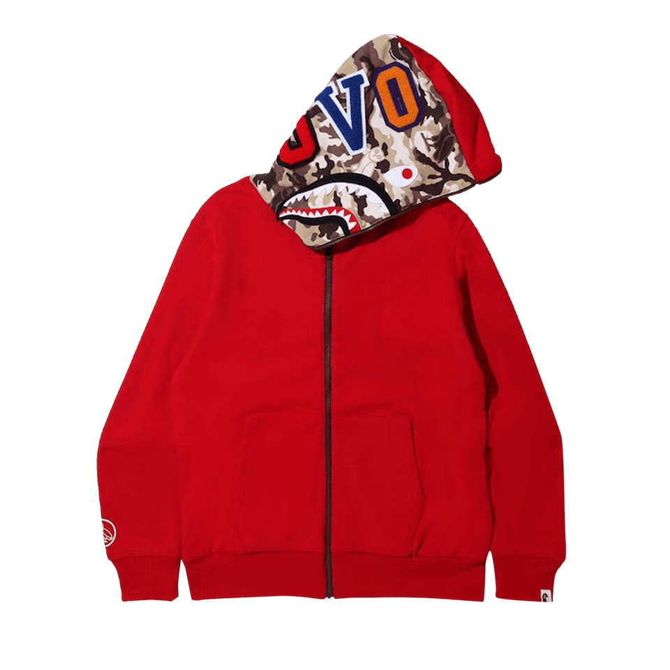 BAPE x OVO Woodland Camo Shark Reversible Full Zip Hoodie Red