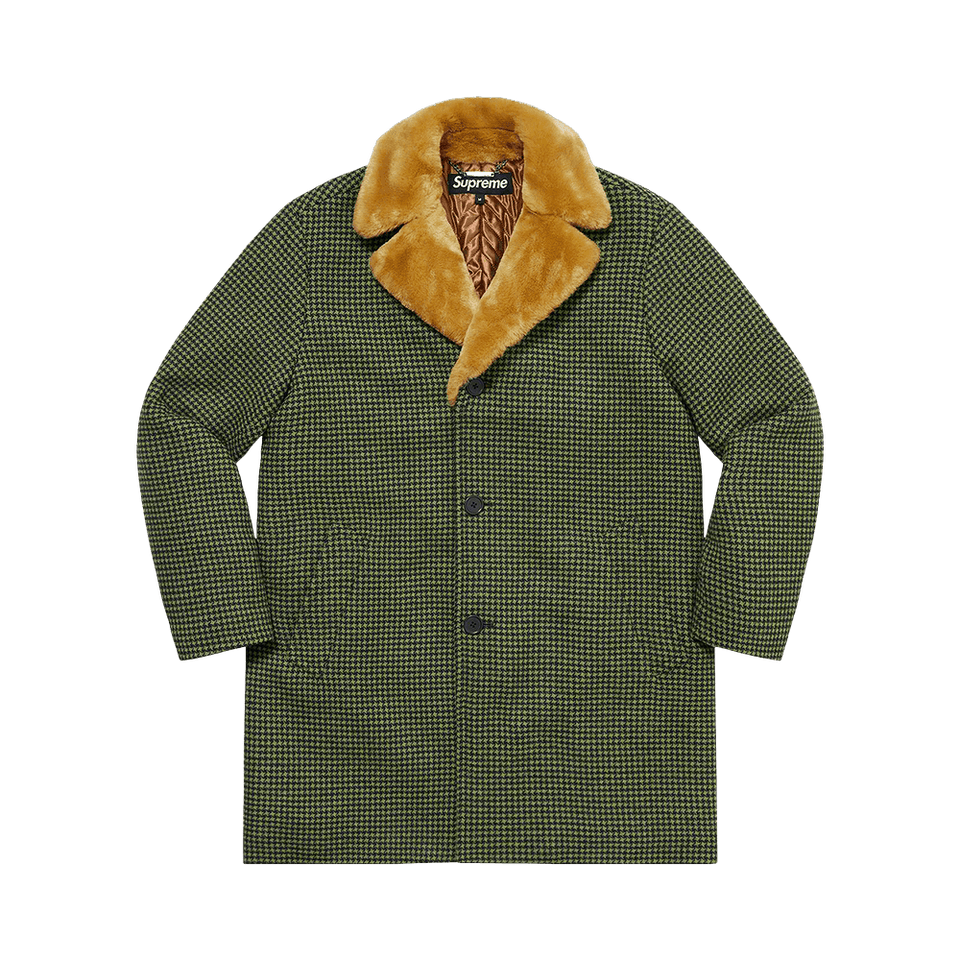 Supreme Fur Collar Car Coat Green Houndstooth