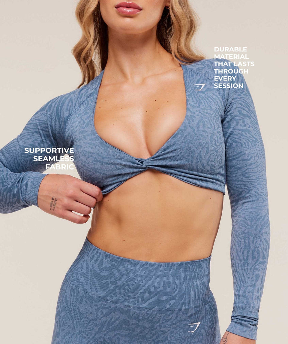 Gymshark Adapt Animal Long Sleeve Crop Top - Worn Blue/Peri Blue