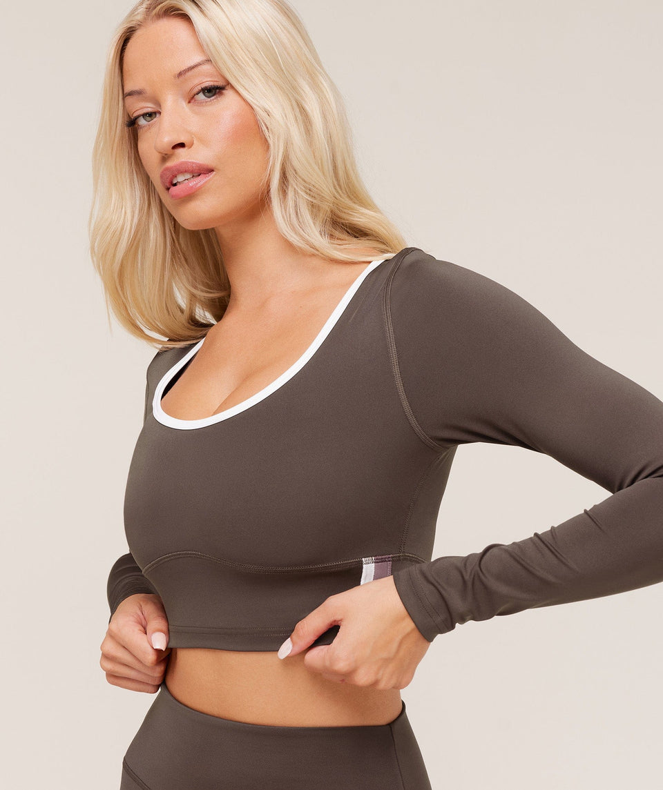 Gymshark Piping Long Sleeve Crop Top - Walnut Brown/Chestnut Pink/Soft White